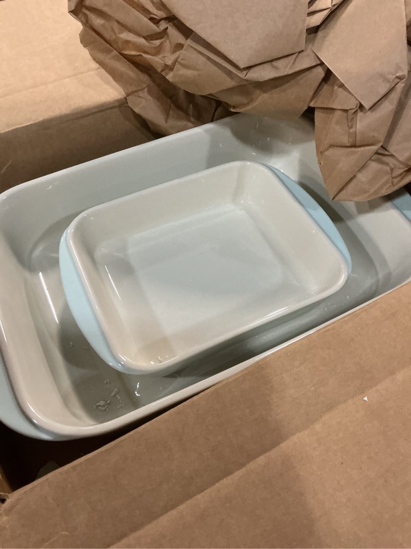Condition photo showing As Is for (only 2pcs)tramontina mae 3-piece ceramic porcelain baking pans set, non stick casserole dishes for oven, rectangular bakeware for lasagna, cakes and loafs (mint)