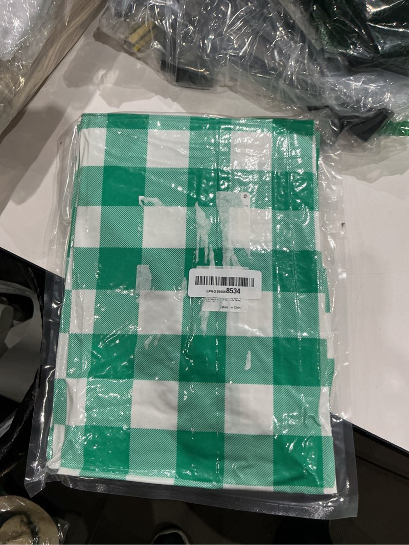 Condition photo showing New/Like New for smiry rectangle picnic table cloth, elastic waterproof fitted vinyl tablecloths, flannel backed buffalo plaid table covers for dining, camping, outdoor (white and green, 30" x 72") 72" x 30" (rectangular) green and white