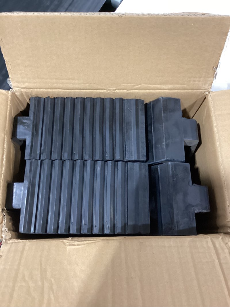 Condition photo showing As Is for Solid Heavy Duty Rubber Wheel Chocks 4 Packs, Premium Wheel Stopper for Car, Travel Trailers, RV, Truck, and ATV(4 pcs, Black) 8" x 4" x 6" Black 4 pack