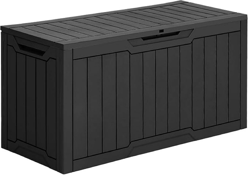 yitahome 80 gallon outdoor storage box, large water resistant resin deck box, indoor outdoor lockable storage container for patio, garden, cushions, tools, equipment (black)