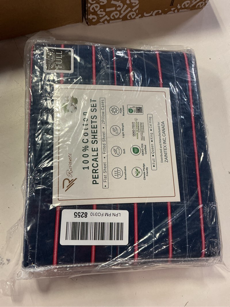 Condition photo showing New/Like New for RUVANTI 100% Cotton Full Size Bed Sheets, 4 Pieces, Soft & Breathable Percale Weave Bedding, Deep Pocket 16", Hotel Standard, Crisp Cool Feel, Durable, Perfect Sheet Set Striped, Nautical Nautical Full
