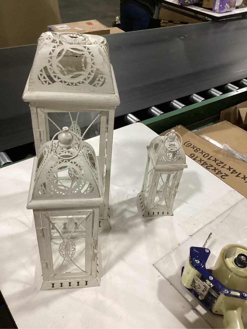 Condition photo showing As Is for trirocks set of 3 large decorative candle lanterns 22''&16"&11" h vintage candle holders for garden yard patio wedding parties events christmas indoors outdoors(beige with gold brush)