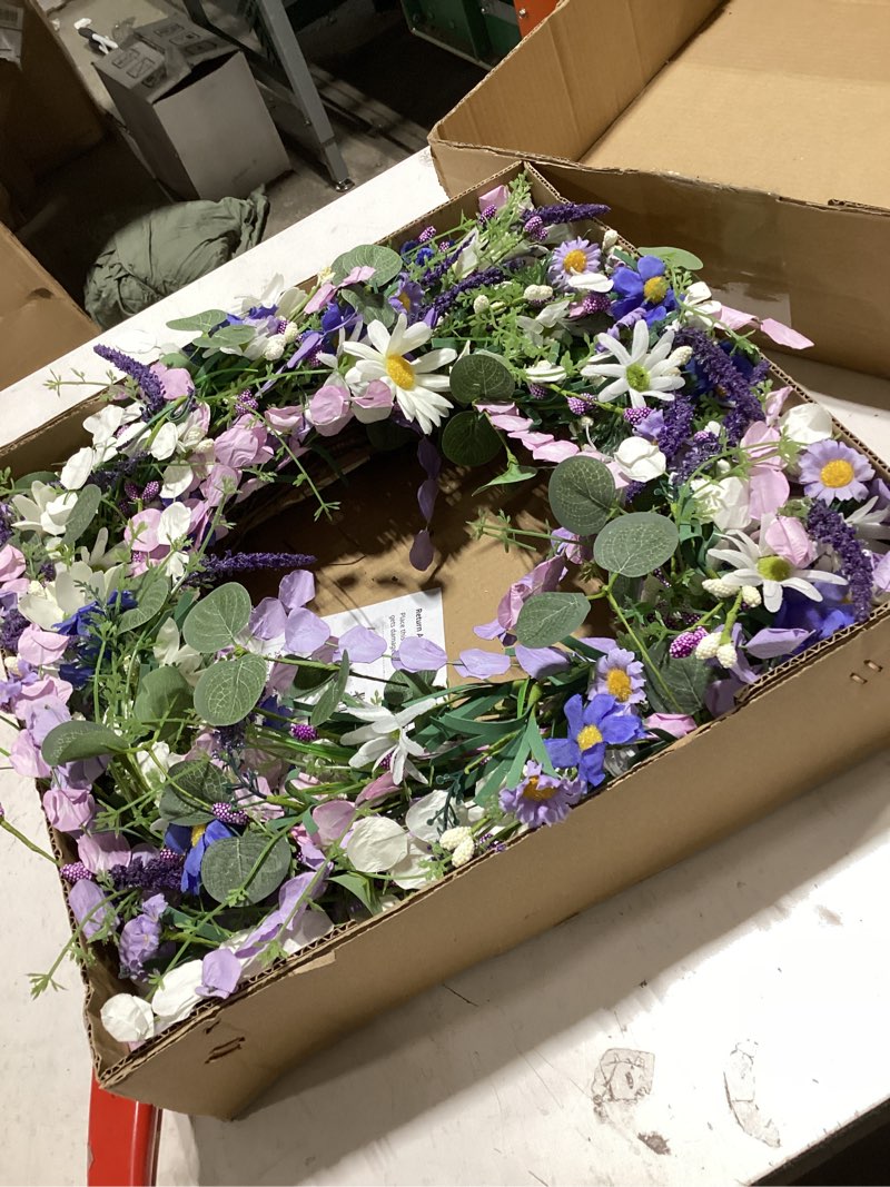 Condition photo showing Good Condition for sggvecsy spring wreaths for front door 22 inch artificial blue purple daisy wreath floral summer wreaths with lavender wild flower greenery leaves for farmhouse home wall indoor outdoor window decor