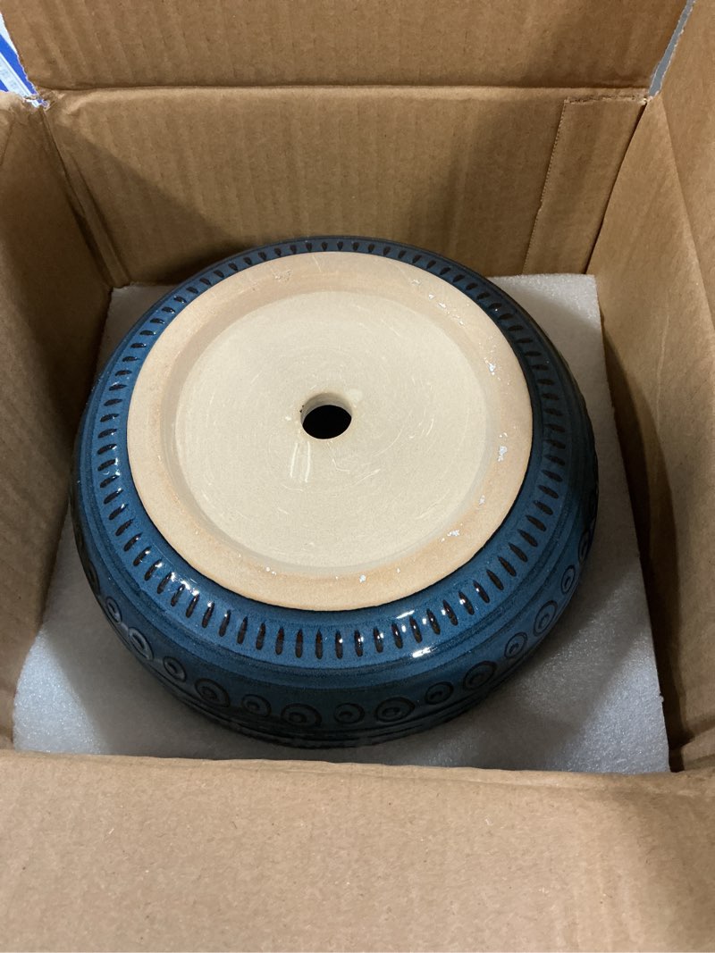 Condition photo showing Good Condition for G EPGardening Bonsai Pots 8 Inch - Ceramic Succulent Pots, Round Planter for Indoor Plants, Modern Outdoor Planter with Drainage and Plant Saucer, Boho Home Decor, House Warming Gifts New Home, Blue