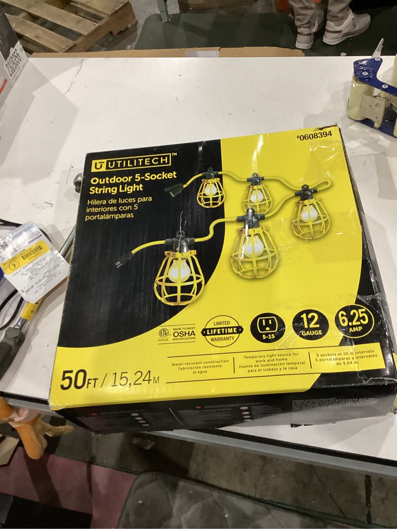 Condition photo showing Good Condition for 50ft construction string lights with outdoor extension cord safety cover, 50w 5 bulbs work lights, ip65 waterproof, 4000lm 6500k temporary lighting for workshop, mine cave, job site 50 ft +cover