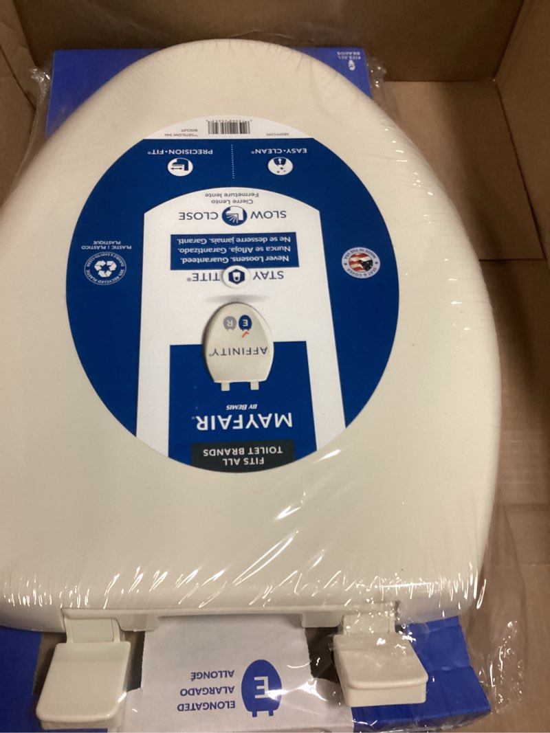 Condition photo showing New/Like New for mayfair aurora slow close toilet seat, easy clean hinges and adjustable perfect fit plastic seat, made in usa, elongated, biscuit