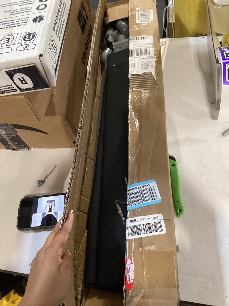 Condition photo showing As Is for 3 panels safety barricade 5.8ft foldable security sign barrier gate with heavy duty pvc frame high visibility caution symbol crowd control restricted area pedestrian barricade traffic fence black