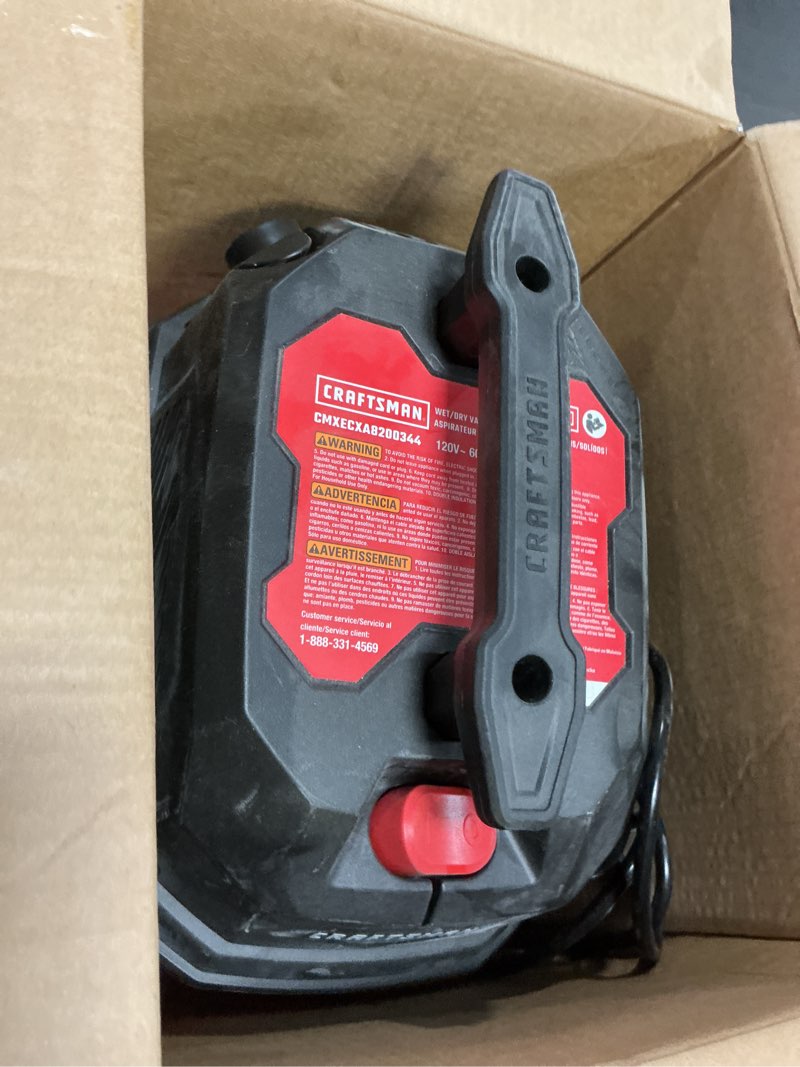 Condition photo showing As Is for craftsman 3-gallon 3 hp corded wet/dry shop vacuum with accessories included