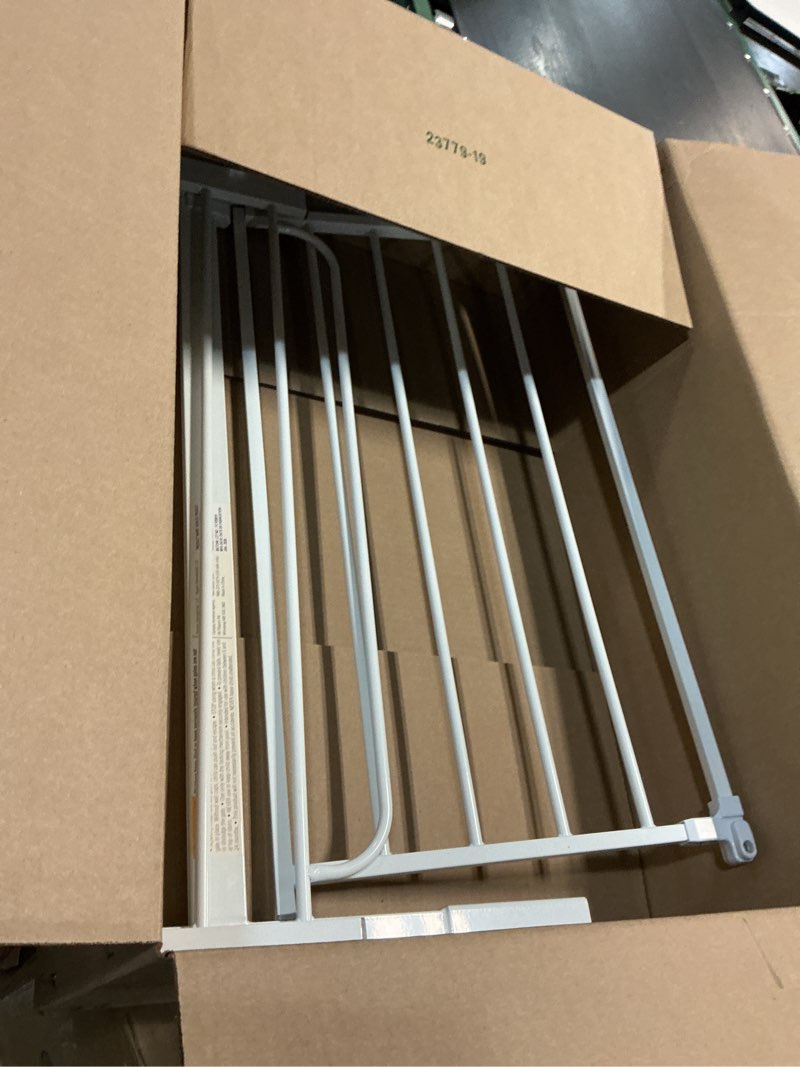 Condition photo showing As Is for regalo safety 38" baby gate for doorways & bottom of stairs, pressure mount design for babies, toddlers & pets, tested & safe for 30 years, american designed, american owned, white white 29-38.5"w x 30"h