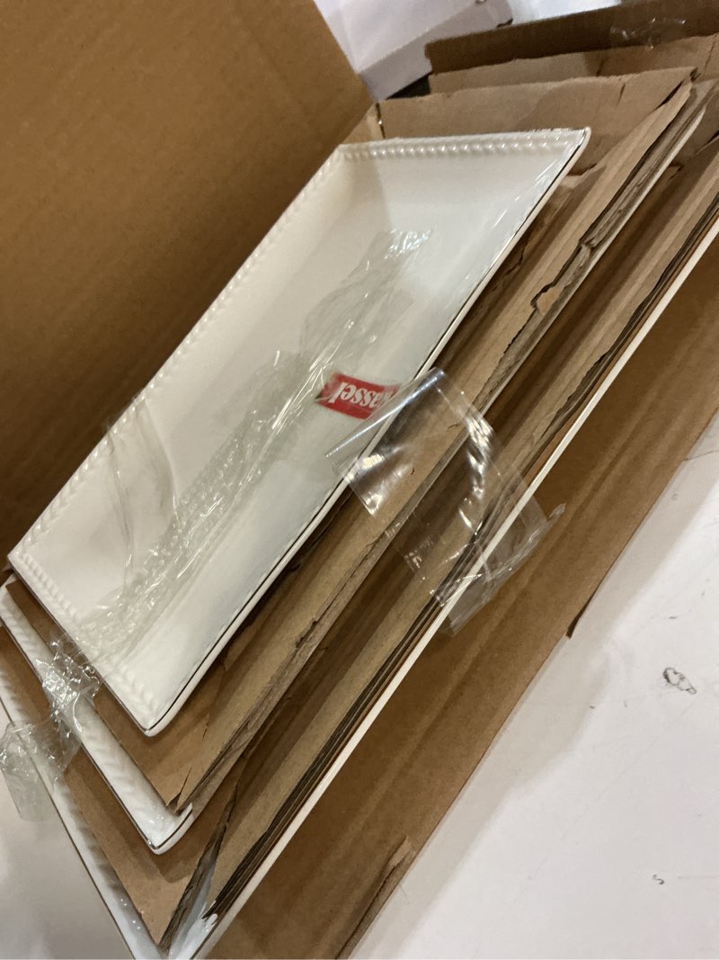 Condition photo showing Good Condition for kassel ceramic serving platter set | 14”/12”/10” rectangular serving trays for entertaining at parties and weddings | oven safe large serving trays for tacos, steak, and cake small rec {14”/12”/10”} platter