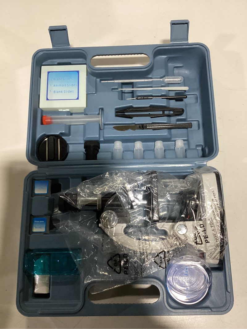 Condition photo showing New/Like New for 100X-1200X Kids Microscope Kit for Children: Compound Microscope for Kid STEM Biology Discovery - Science Experiments Microscopio Set with Metal Frame, Carrying Box Educational Gift for Child 8-12