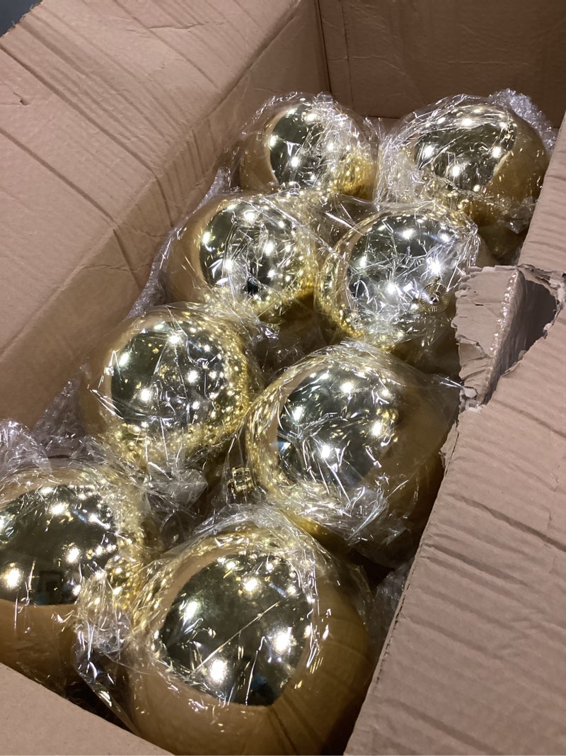 Condition photo showing As Is for ( incomplete 8 pack only ) Jenaai 10 Pack Large Christmas Ball Ornaments, 6 Inch Giant Shatterproof Christmas Tree Decorations, Big Plastic Baubles for Holiday Indoor Outdoor Home Xmas Party Decor(Gold)