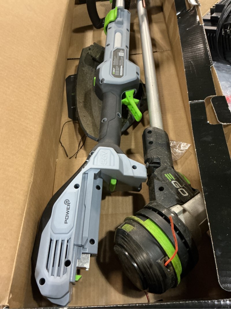Condition photo showing As Is for ego powerload 56-volt 15-in telescopic shaft battery string trimmer 2.5 ah (battery and charger included)