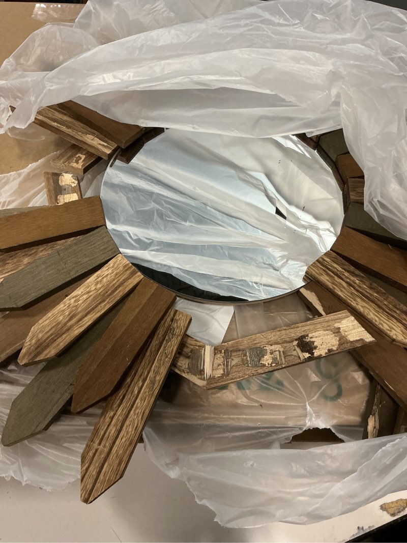 Condition photo showing As Is for Honiway Boho Wall Decor 21 inch Wall Mirror Rustic Wood Decorative Mirror for Room Decor Rustic Home Decor Farmhouse Wall Decor at Living Room Bedroom Bathroom Hallway Trilcolor Tril Color 21 inch (1 pack)