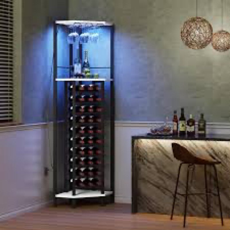 Homeiju Corner Wine Rack with Glass Holder and Led Strip Light, Corner Bar Wine Racks Freestanding Floor, Industrial Corner Bar Cabinet for Kitchen, Dining Room, Living Room or Cellar