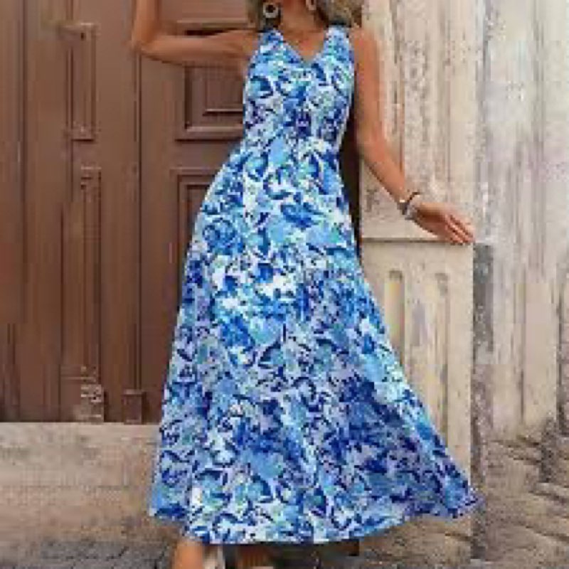 Women's Cut Out Dresses - Floral Sleeveless Casual Beach Maxi Dress, Flowy Crewneck Sundress, Blue, 