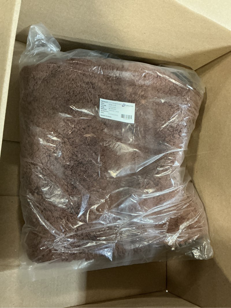 Condition photo showing Good Condition for saffron fabs bath rug 100% soft cotton 36 inch round, reversible-different pattern on both sides, solid chocolate color, hand knitted crochet lace border, hand tufted, 200 gsf weight, machine washable