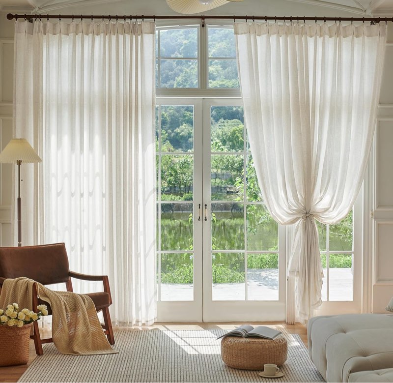 Natural Pinch Pleated Linen Curtains 96 Inches Long 72 Inch Wide for Living Room Sliding Door Light Filtering Semi Sheer Extra Wide Window Curtain Bedroom Pinch Pleat Drapes Cream Ivory, 1 Panel