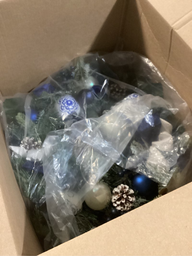 Condition photo showing New/Like New for Blue and White Christmas Wreath,24 inch Chinoiserie Wreaths with Bows Berries Pinecone for Front Door Holiday Accent Decoration for Window Fireplace Wall Party Staircase Xmas Decorations