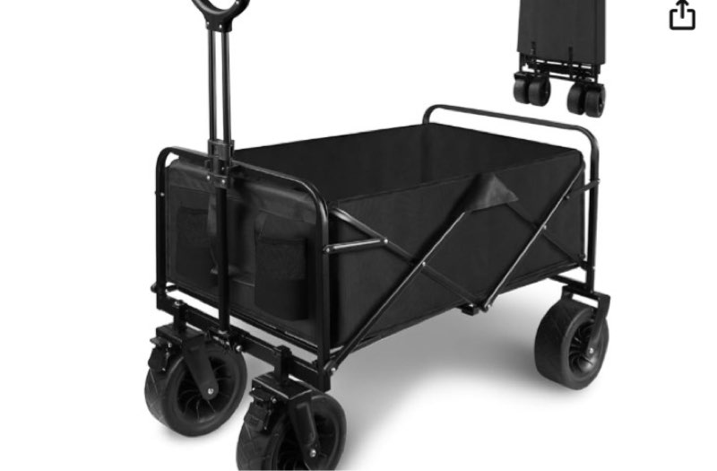 Collapsible Folding Wagon Cart, Large Capacity Outdoor Wagon Garden Cart with All-Terrain Wheels & Side Pockets, Heavy Duty Utility Beach Cart for Camping, Picnic, Fishing Activities, Black
