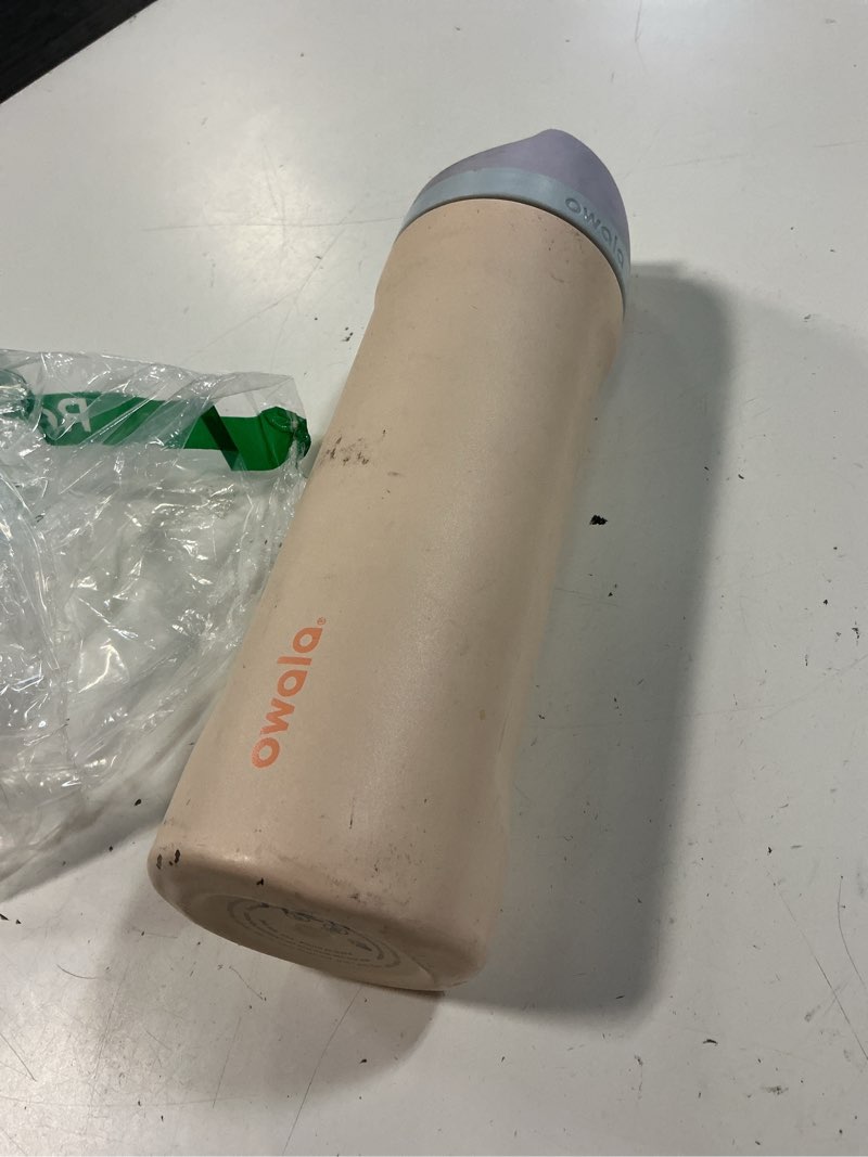 Condition photo showing As Is for owala freesip sway insulated stainless steel water bottle with two-way spout, built-in straw and bucket handle, made for travel, school, and sports, 30oz, bpa free, leak proof, daybreak daybreak 30 ounces