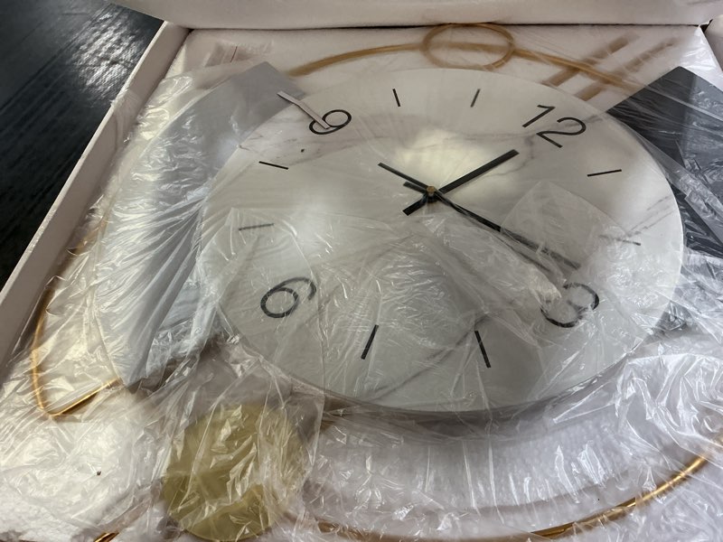 Condition photo showing New/Like New for wall clock,silent quality quartz battery operated with pendulum, large wall clocks for living room, kitchen, home, bathroom, bedroom wall decor, 20x33.5inch(golden) golden 20x33.5 inch