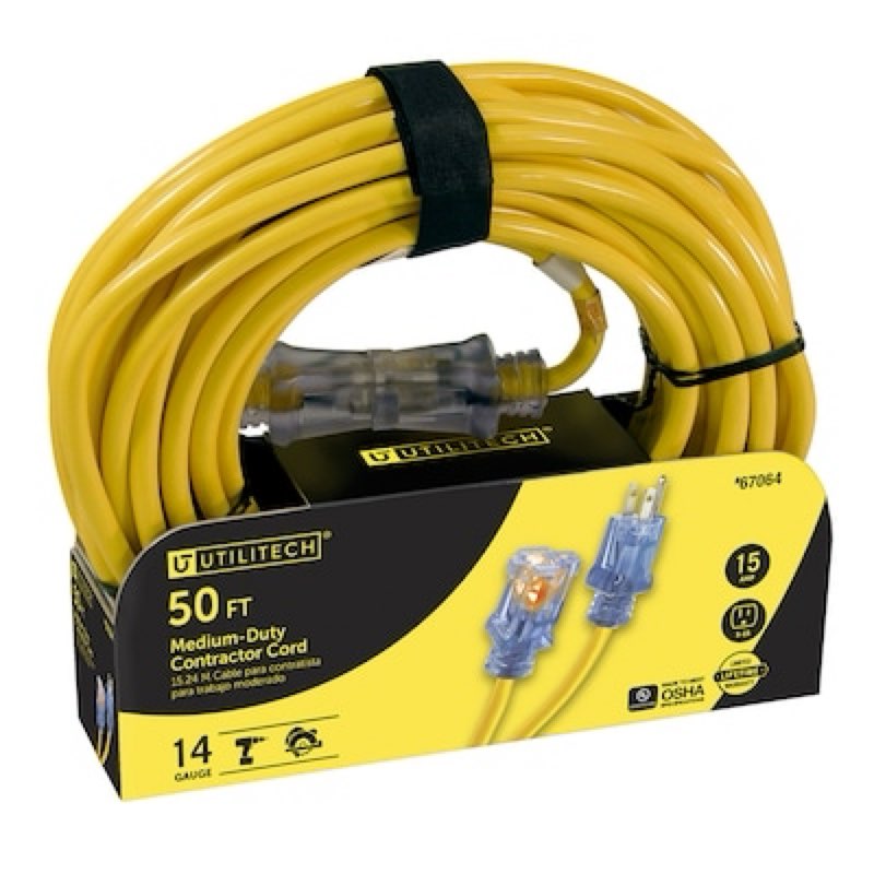 utilitech pro 50-ft 14/3 3-prong outdoor sjtw medium duty lighted extension cord
