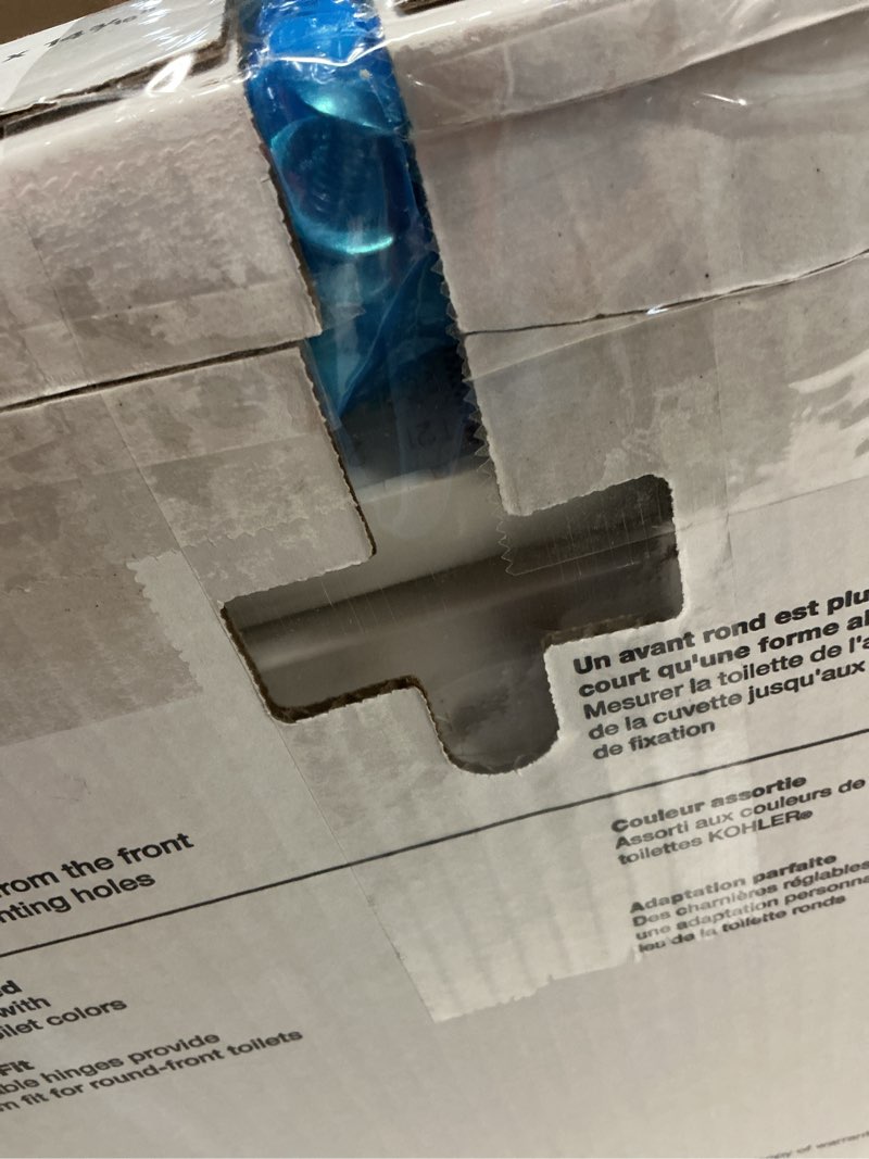 Condition photo showing As Is for kohler 20111-0 brevia, slow close toilet seat, round toilet seat, grip-tight bumpers quick-attach hardware, white