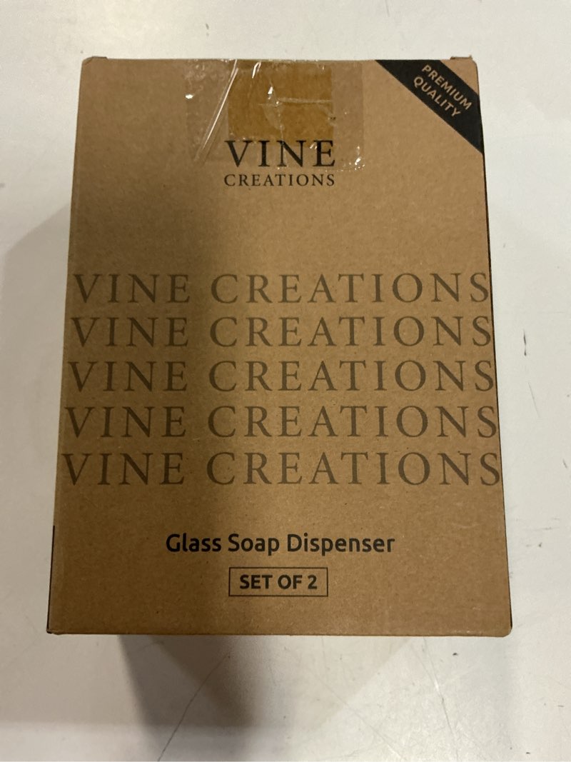 Condition photo showing New/Like New for vine creations amber glass soap dispenser set, dish soap and hand soap dispenser set with stainless steel pump, 16 oz glass dispensers for kitchen or bathroom decor (amber bottle/matte black pump) amber bottle / matte black pump