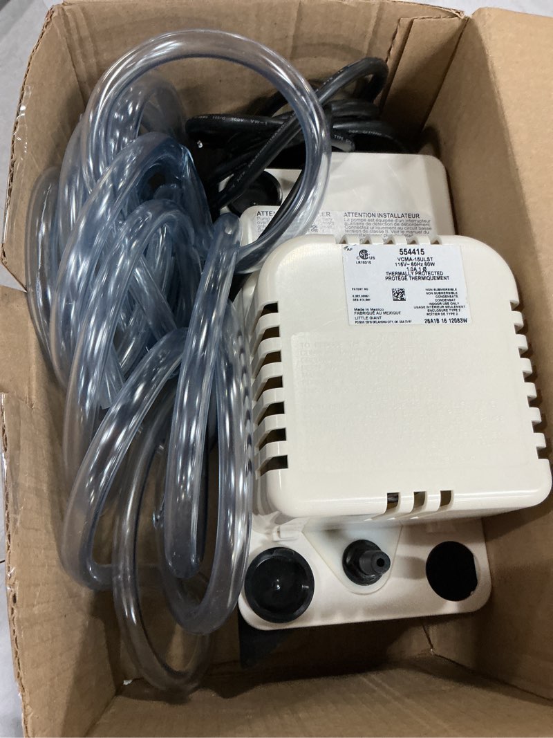 Condition photo showing As Is for little giant vcma-15ulst 115 volt, 65 gph, 1/50 hp automatic condensate removal pump for hvac/refrigeration systems/dehumidifiers with overflow detection switch and 20-foot tubing, black/white, 554415 includes overflow detection switch/tubing pump