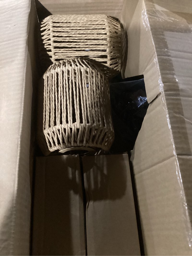 Condition photo showing Good Condition for ROTTOGOON Dimmable Boho Floor Lamp - 3 Light Farmhouse Rattan Floor Lamp for Living Room, Industrial Tree Floor Lamps with 3 X 6W LED Bulbs, Rustic Standing Tall Lamp for Bedroom, Office, 68", Black Black+Brown Lampshades