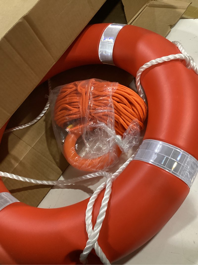 Condition photo showing Good Condition for tresbro 23"/28" boat safety throw ring with water floating lifesaving rope 50ft set, professional life ring and reflective strip 28 inch
