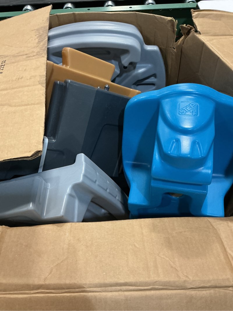 Condition photo showing As Is for step2 up & down roller coaster kids ride on toy, push car, indoor/outdoor playset, made of durable plastic, max weight 50 lbs., for toddlers 2-5 years old, gray & blue