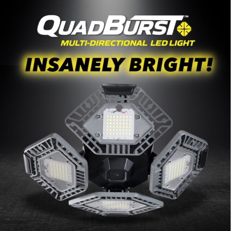 Bell + Howell Quadburst Pro 360° Coverage LED Garage Light – 8000 Lumens Multi-Directional Screw-In Shop Light