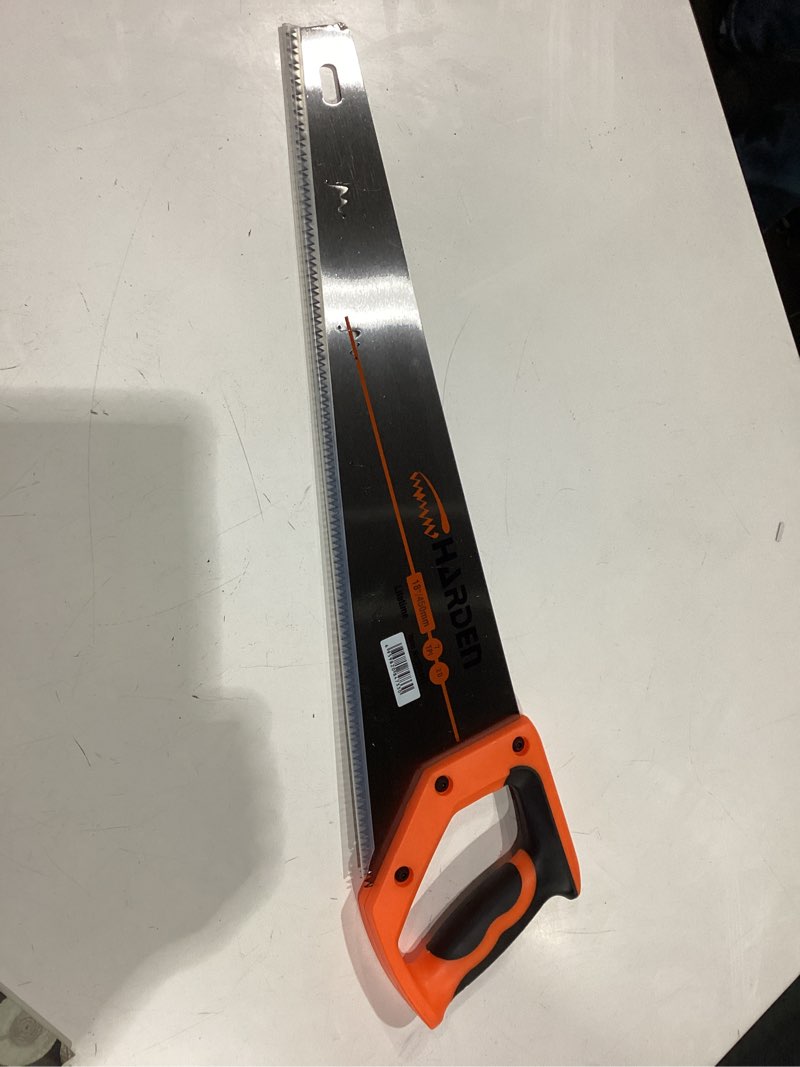 Condition photo showing New/Like New for **similar to stock item**  18 inch hand saw, heavy duty wood saw with ergonomical handle rust-proof handsaw for sawing pruning gardening wood plastic and drywall (orange) orange-18”