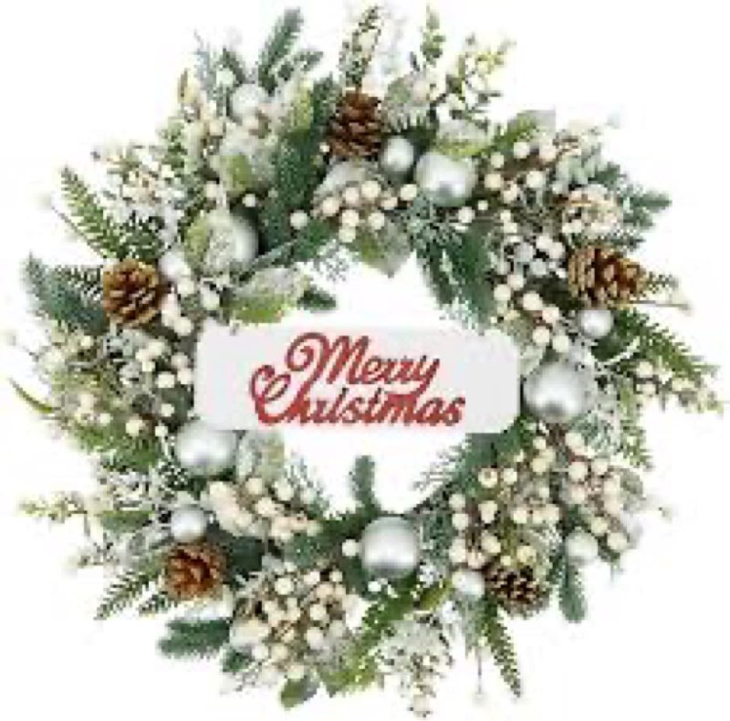 FINECASA Pinecone Christmas Wreaths with Sign, Wreath & Ajustable Hanger Set, Outdoor/Indoor Holiday