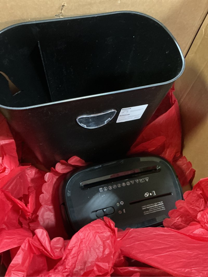 Condition photo showing As Is for 14 sheet cross cut paper shredder for home office use with p-4 high security and 6.6 gallon bin for credit cards cds or staples etl certified black 14.2*9.6*18.2inch