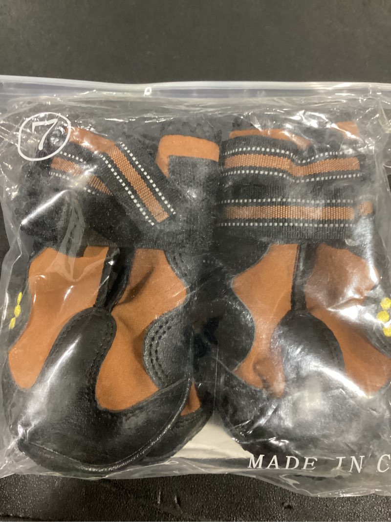 Condition photo showing New/Like New for covertsafe& dog boots for dogs non-slip, waterproof dog booties for outdoor, dog shoes for medium to large dogs 4pcs with rugged sole black-brown size 7: ?3.1''x2.7'')(l*w) for 66-90 lbs brown