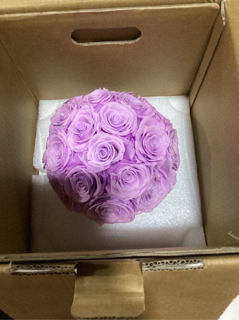 Condition photo showing Good Condition for 18 preserved roses in round dome shape, mother's day real forever flowers rose box, eternal rose gift for her women girl friend wife, flower gift for valentines day(purple) dome-purple 18 roses dome shape