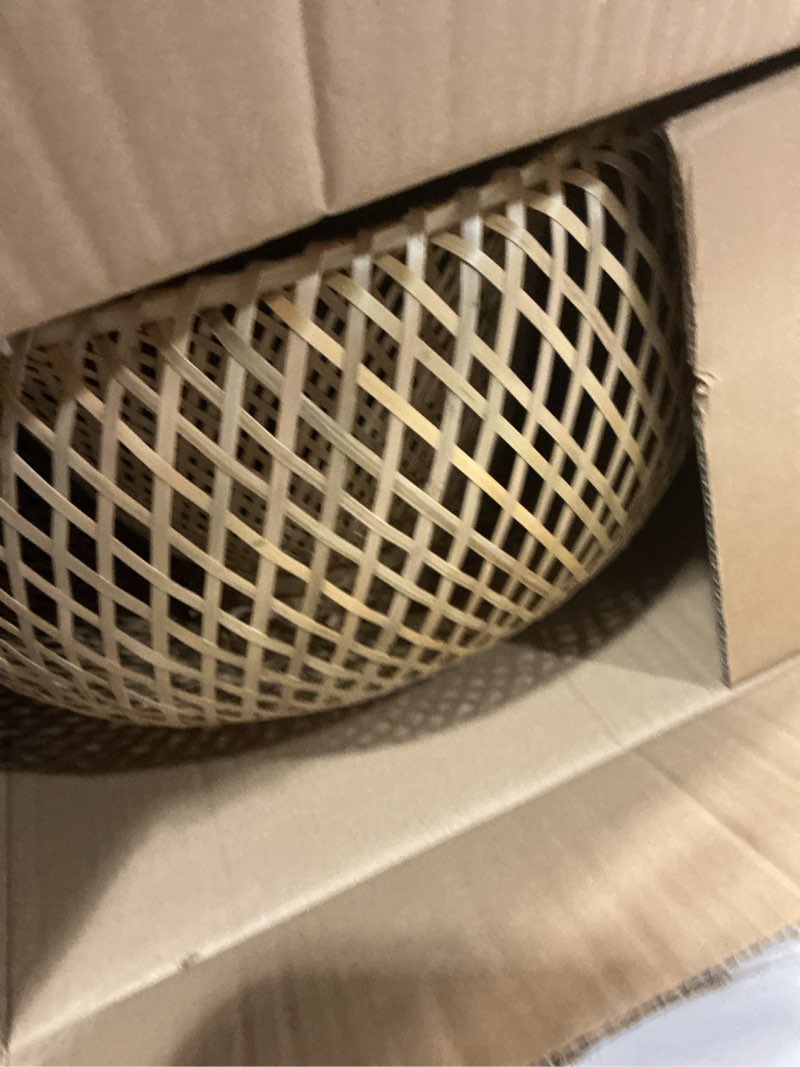Condition photo showing Good Condition for bamboo large plug in pendant light with 14ft handmade woven light cord, dimmable switch, rustic basket hanging lamp for bedroom kitchen island farmhouse dining room living room,17.8 inch width