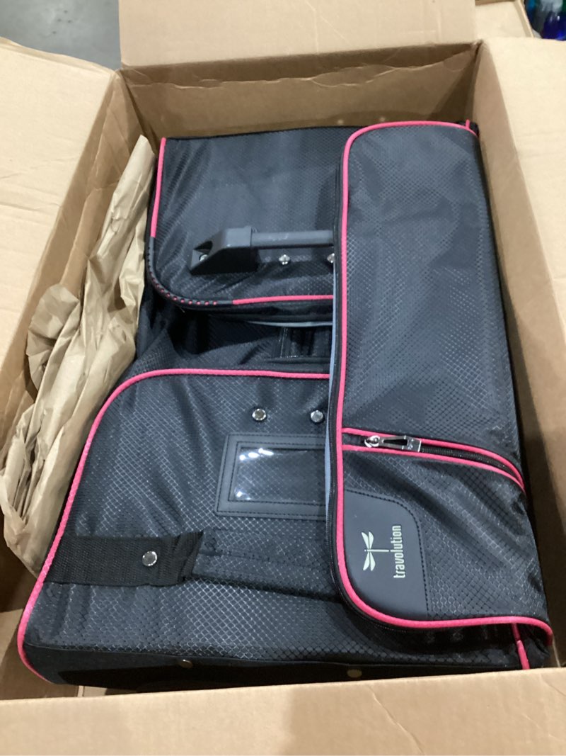 Condition photo showing Good Condition for travolution dance bag with garment rack, 24 inch rolling duffel with wheels, ideal for competitions & travel, easy-assembly lightweight aluminum clothes rack, wheeled upright luggage, black/pink pink 24"