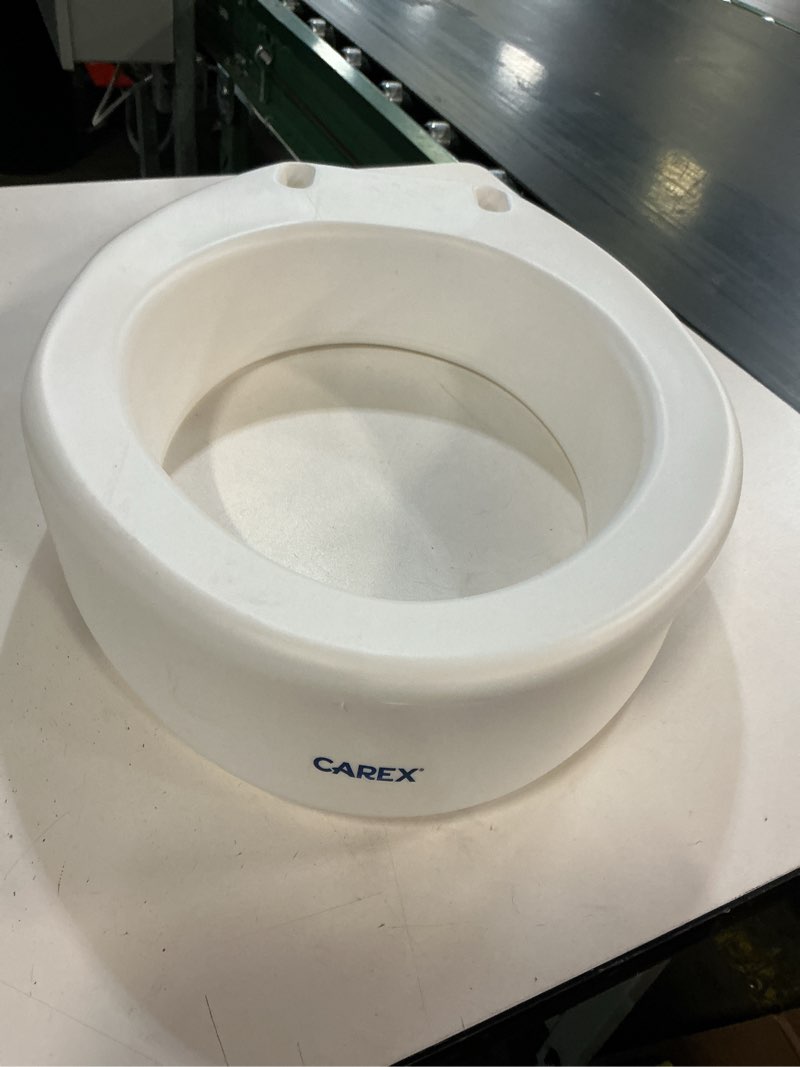 Condition photo showing As Is for carex toilet seat riser, elongated raised toilet seat adds 3.5 inches to toilet height, for assistance bending or sitting, 300 pound weight capacity toilet riser