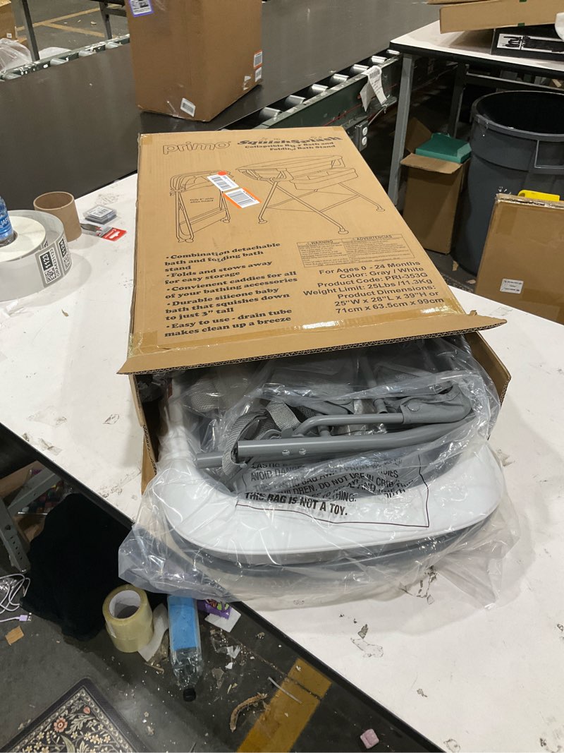 Condition photo showing As Is for Primo SquishSplash Collapsible Baby Bath & Folding Stand With Ergonomic Infant Cushion for Newborns & Toddlers - Complete Bathing Station - Compact Space Saving Design, Ages 0-24 Months