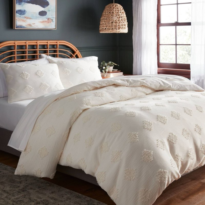 (Similar)Full/Queen Tufted Diamond Crinkle Duvet Cover and Sham Set Ivory - Threshold™: Jacquard Weave, OEKO-TEX Certified