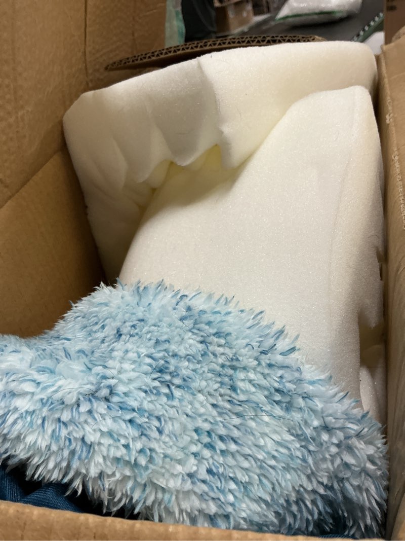 Condition photo showing As Is for Furhaven Large Orthopedic Dog Bed Two-Tone Faux Fur & Suede L Shaped Chaise w/ Removable Washable Cover - Marine Blue, Large