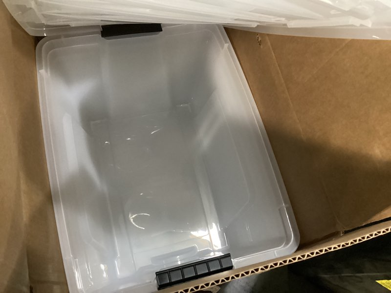 Condition photo showing Good Condition for IRIS USA 54 Qt Stackable Plastic Storage Bins with Lids, 6 Pack - BPA-Free, Made in USA - See-Through Organizing Solution, Latches, Durable Nestable Containers, Secure Pull Handle - Clear Clear 54 Qt 6 Pack