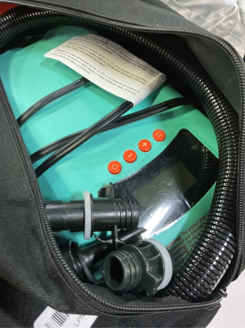Condition photo showing As Is for swonder seawolf paddle board pump, 30% faster 20 psi sup electric air pump w/dual cylinder, dual stage & active cooling system, supports 4 sups in a row, 3 colors option cyan/tangerine