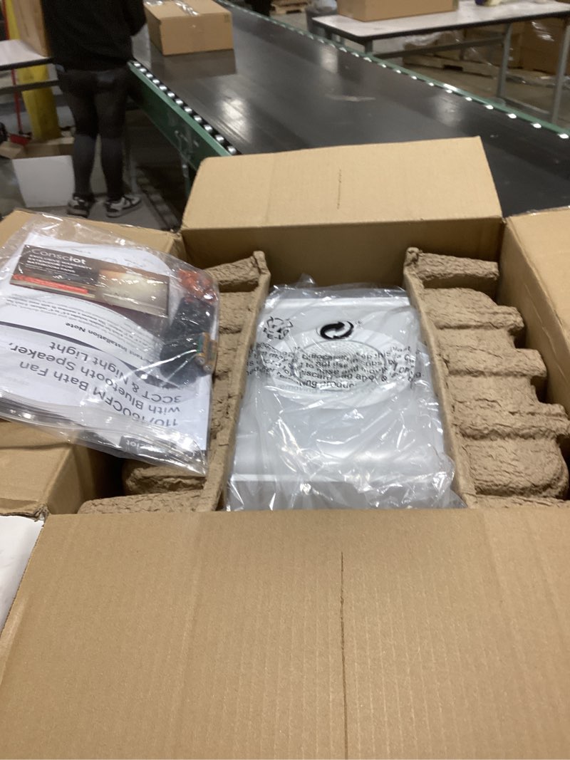 Condition photo showing As Is for Consciot 160CFM Bathroom Exhaust Fan with Bluetooth Speaker & LED Light, 1500Lm 3 Color Temperature, 7 RGB Light, Nightlight, Remote Control, Quiet 0.8 Sone Ventilation Fan, 11.39'' x 10.42'' Mounting 110/160CFM+Bluetooth Speaker