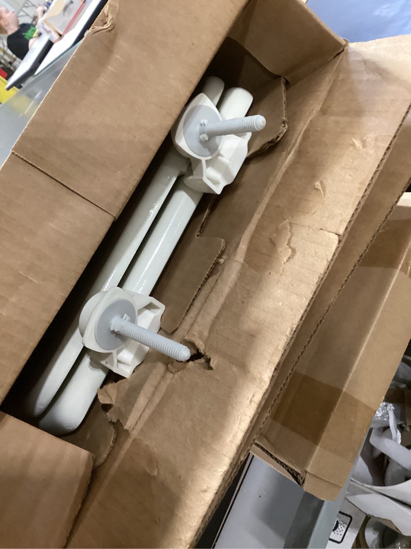 Condition photo showing As Is for church toilet seat, easy clean hinges release for deep cleans, durable enameled wood seat, elongated, biscuit elongated biscuit