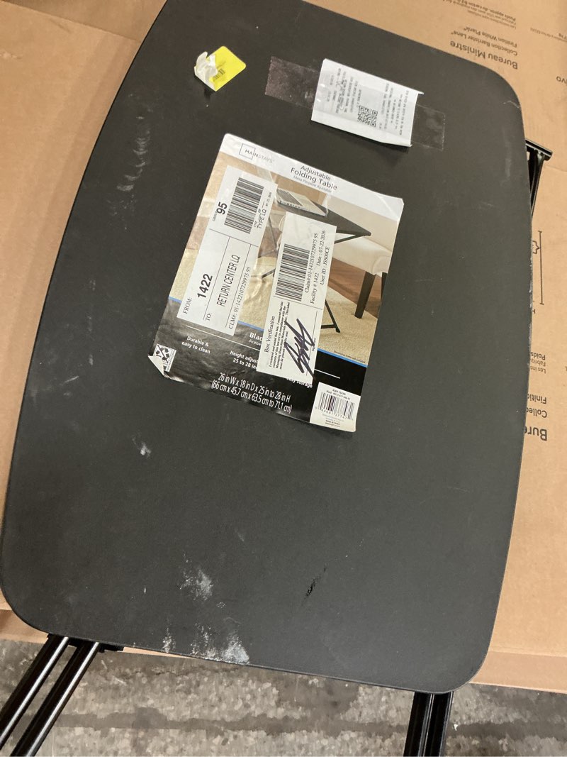 Condition photo showing As Is for mainstays 26" adjustable height personal folding table, black
